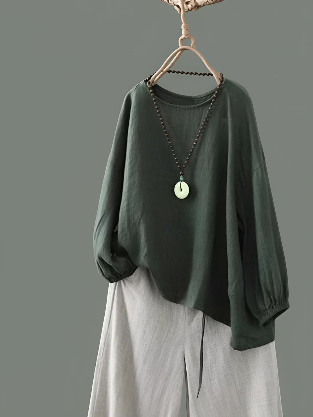 Women's long sleeve shirt, cashmere fabric, crew neck, loose fit, solid colour, lantern sleeves