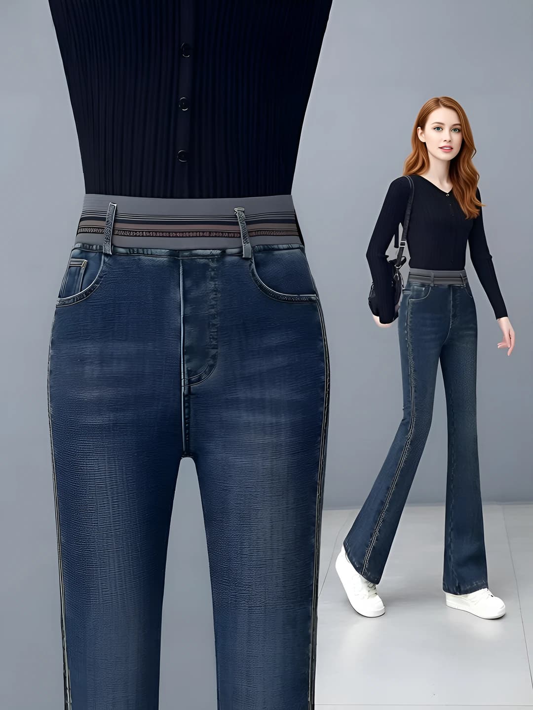 Women's high waist elastic waist jeans, spring-autumn-winter, fleece-lined, slim fit, straight cut, casual, slimming, trousers