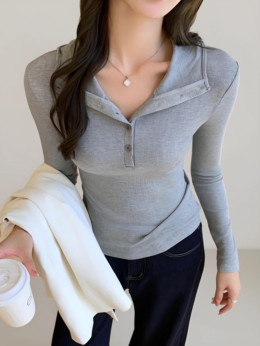 Women's autumn-winter striped slim fit long-sleeve top, half-open collar, stretch viscose fabric