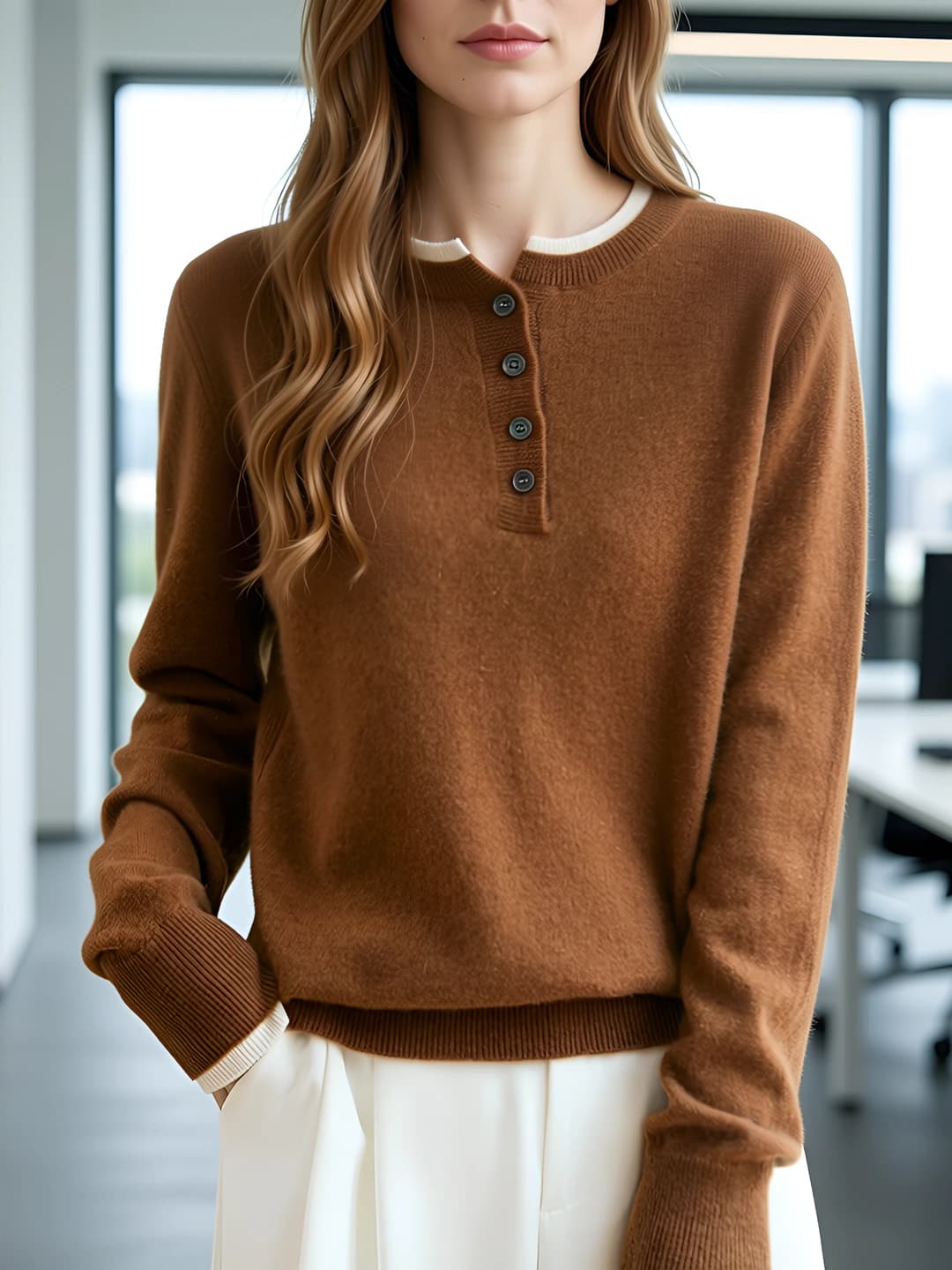 Women's 100% wool knit top, autumn-winter, crew neck, retro, color-block, loose fit, long sleeve, slimming, non-iron