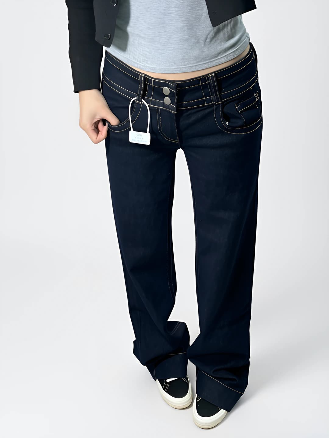 Women's retro low waist straight cut micro-flare jeans, summer, slimming, double button design
