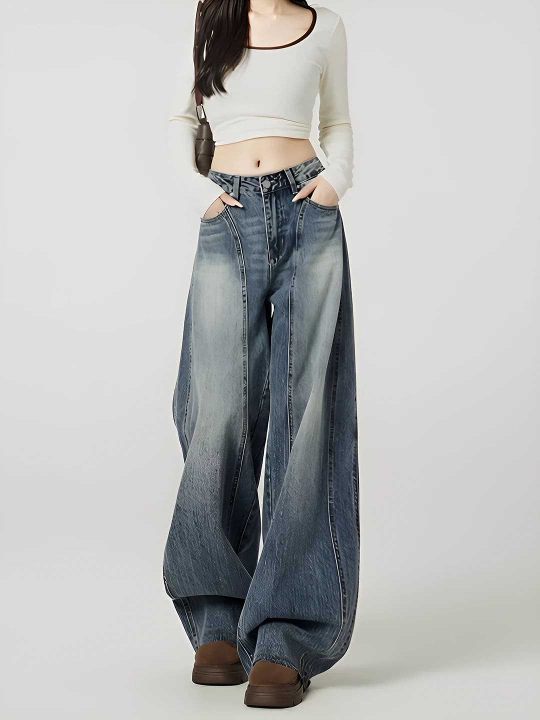 Ayollar uchun retro ko'k keng jinsi shim, baland bel, bo'sh (oversize) katta o'lcham, 2026