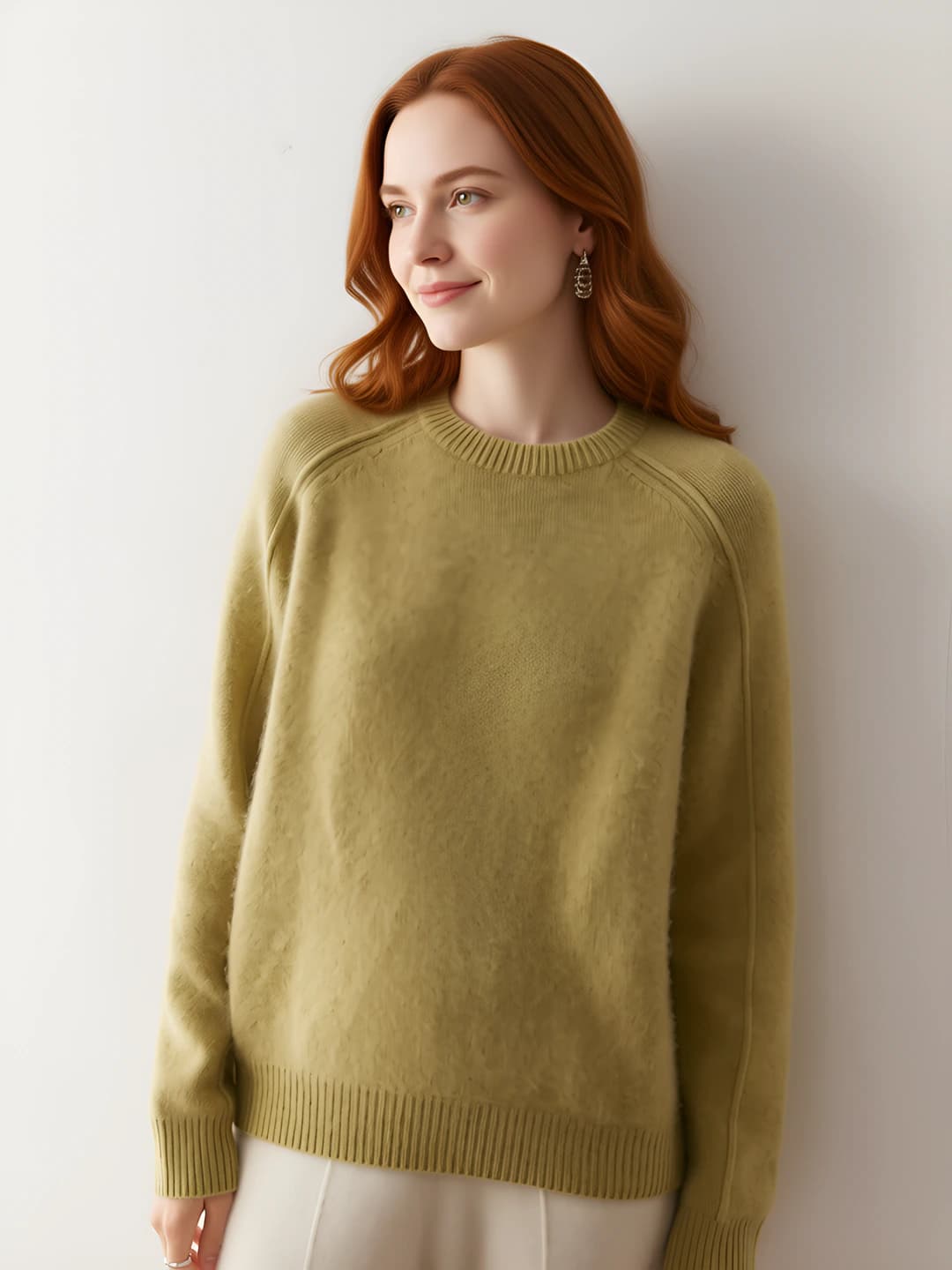 Women's cashmere sweater, crew neck, long sleeve, thickened, solid colour, warm, autumn-winter