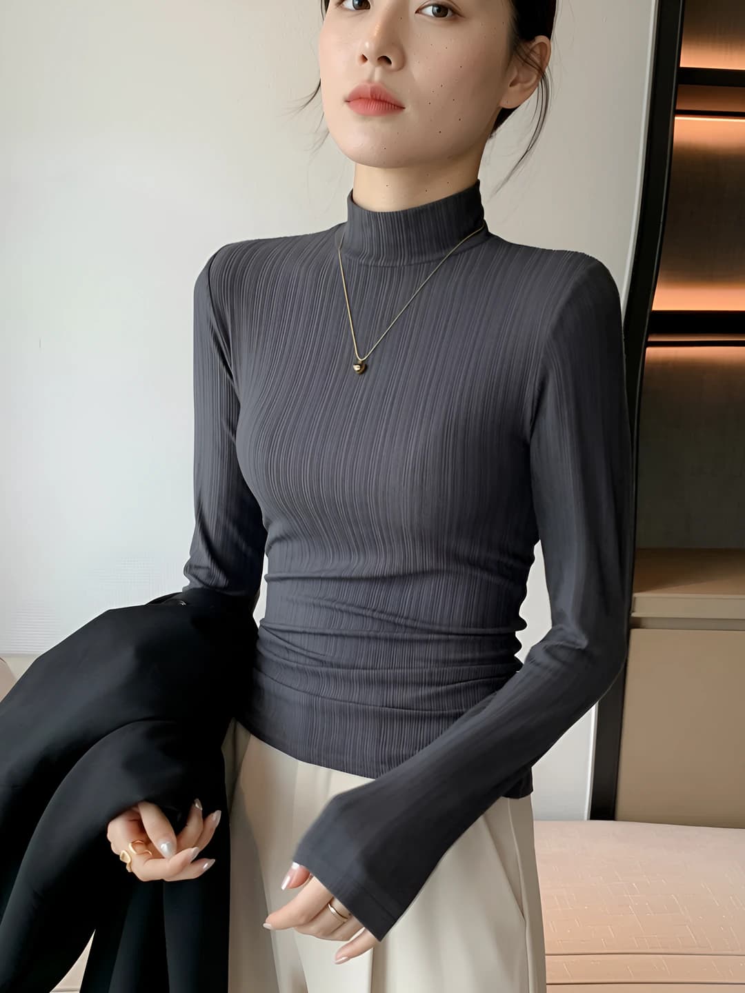 Women's long-sleeve ribbed mock-neck striped base layer top, slim fit, for autumn-winter and spring-autumn