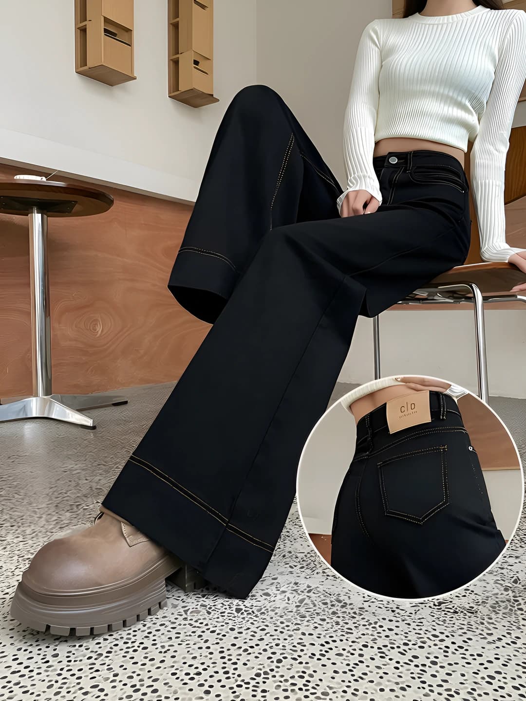 Women's wide and flared jeans 2026 spring, black, high waist, slimming effect, trousers length