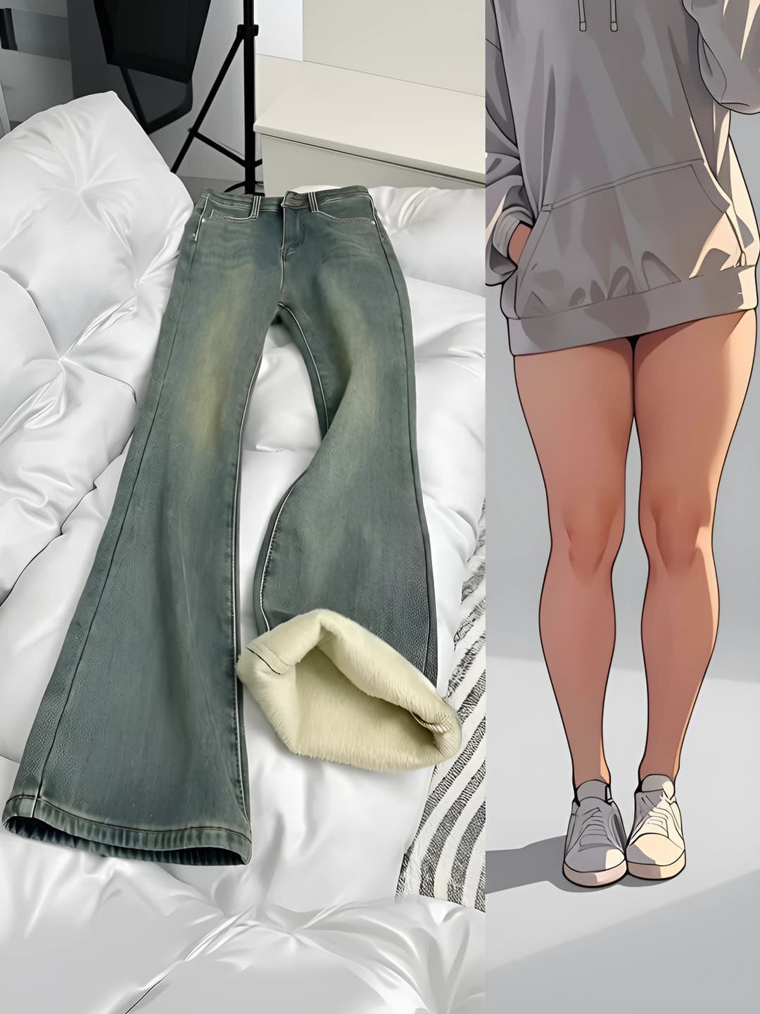 Women's winter fleece-lined, thickened, high waist, slimming, retro blue wide and flared jeans