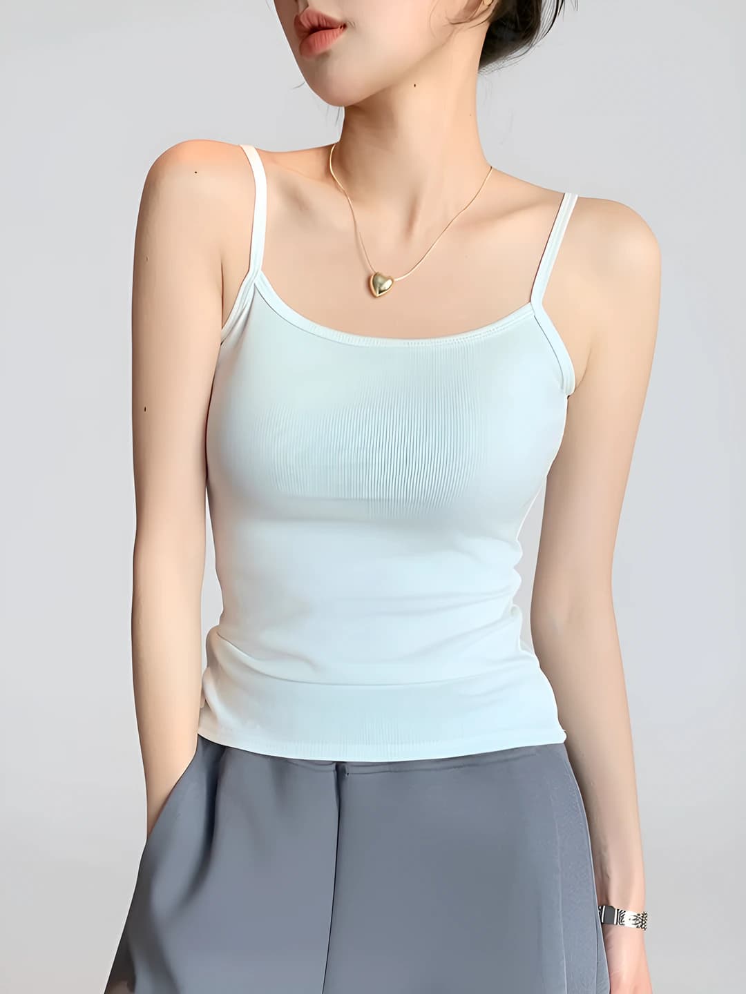 Women's thin-strap camisole top, slim fit, sleeveless, thin, solid colour, stretch, polyester and viscose