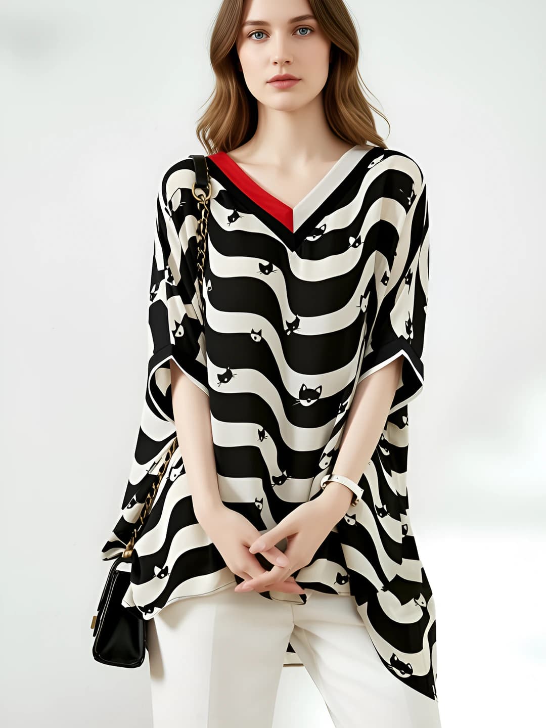 Women's summer plus size V-neck striped loose fit short sleeve chiffon blouse