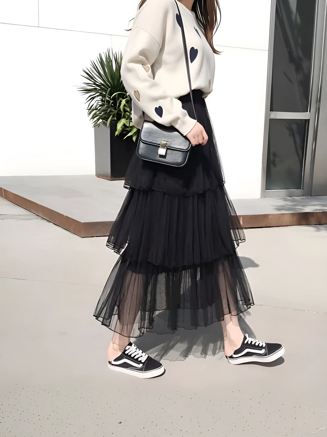 Women's mid-length pleated skirt for spring-summer, solid colour, chiffon fabric