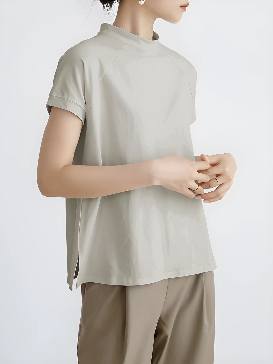 Women's 2026 spring-summer pure cotton short sleeve mock neck slim fit t-shirt