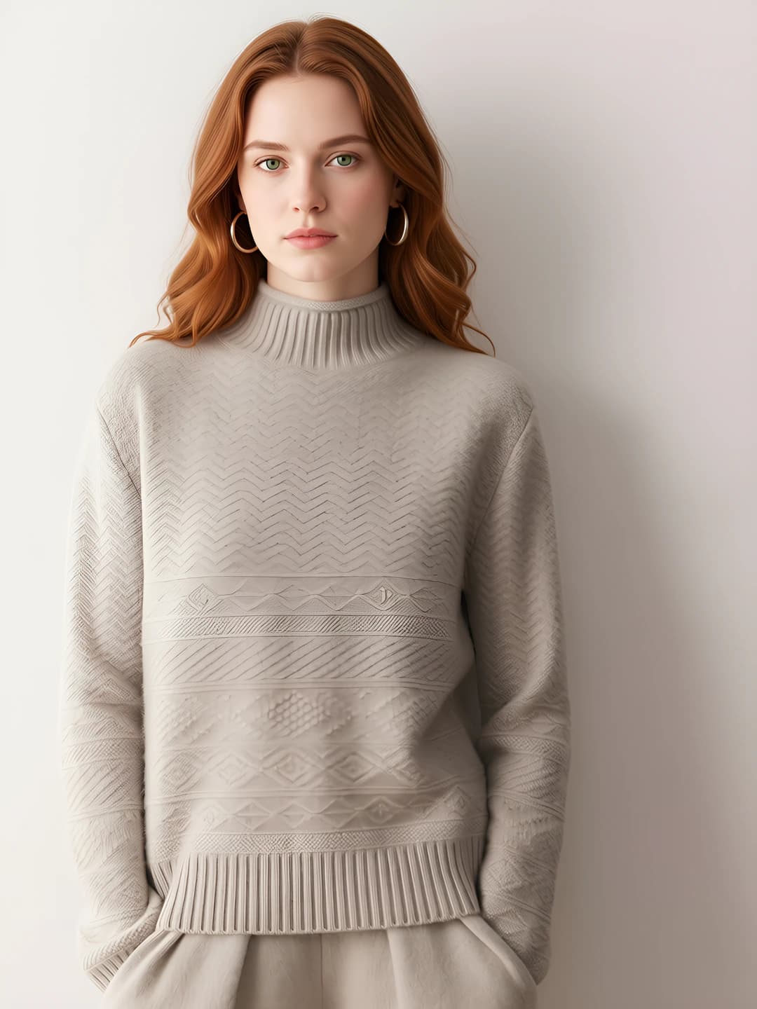 Women's cashmere sweater, mock neck, thickened, loose fit, long sleeve, autumn-winter