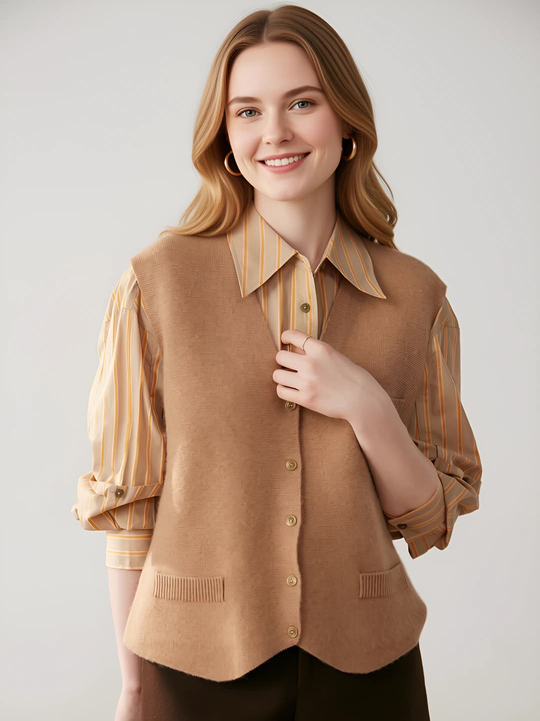 Ayollar uchun kashemir jilet, V-yoqa, yengsiz, kuz-qish, bo'sh (oversize) kesim, 2026