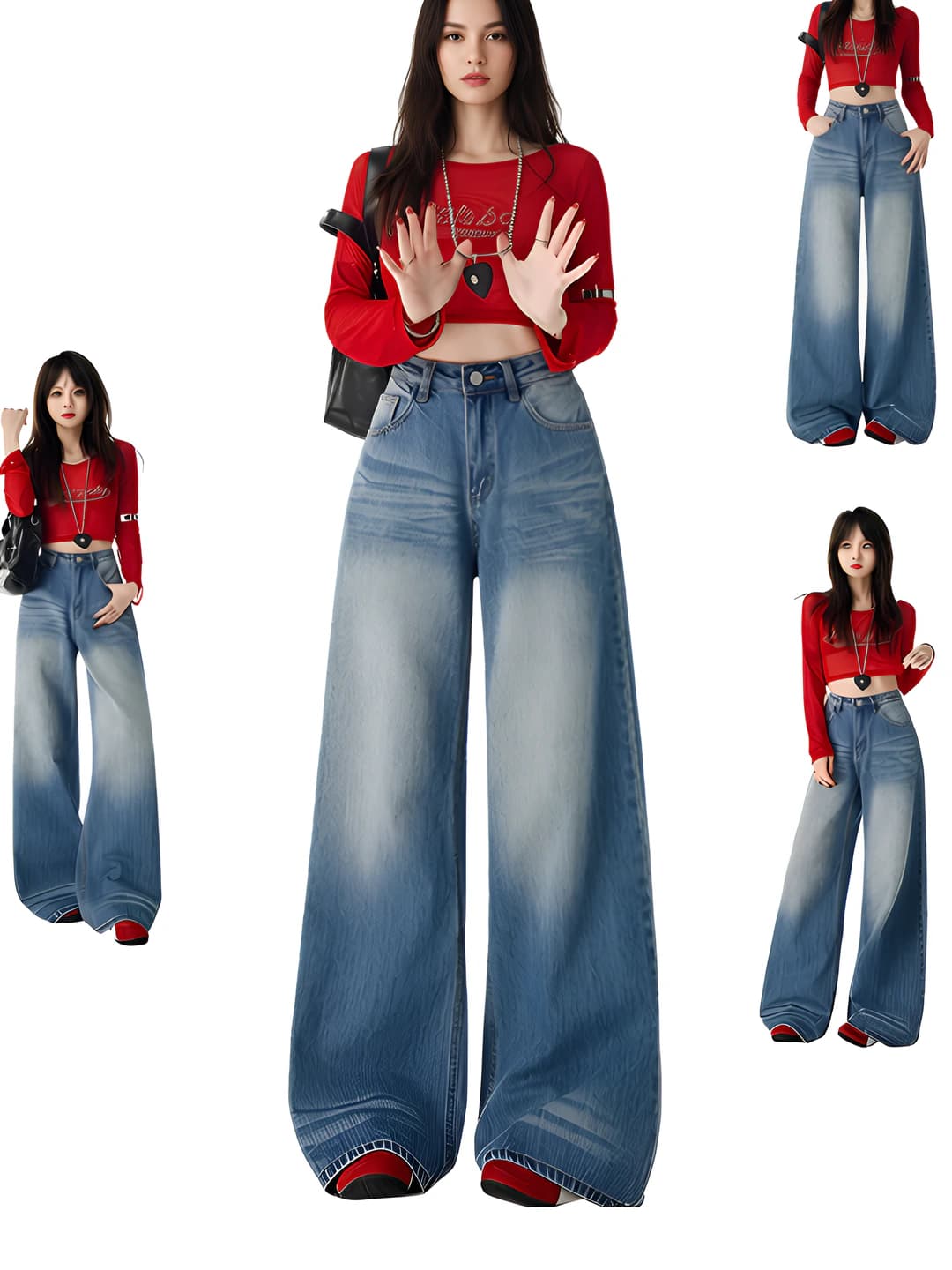 Ayollar uchun bahor mavsumidagi bo'sh (oversize) keng va klesh jinsi shim, baland bel, nozik ko'rsatadigan, past bo'ylilar uchun, ko'k rang, o'ymali dizayn, uzun shim