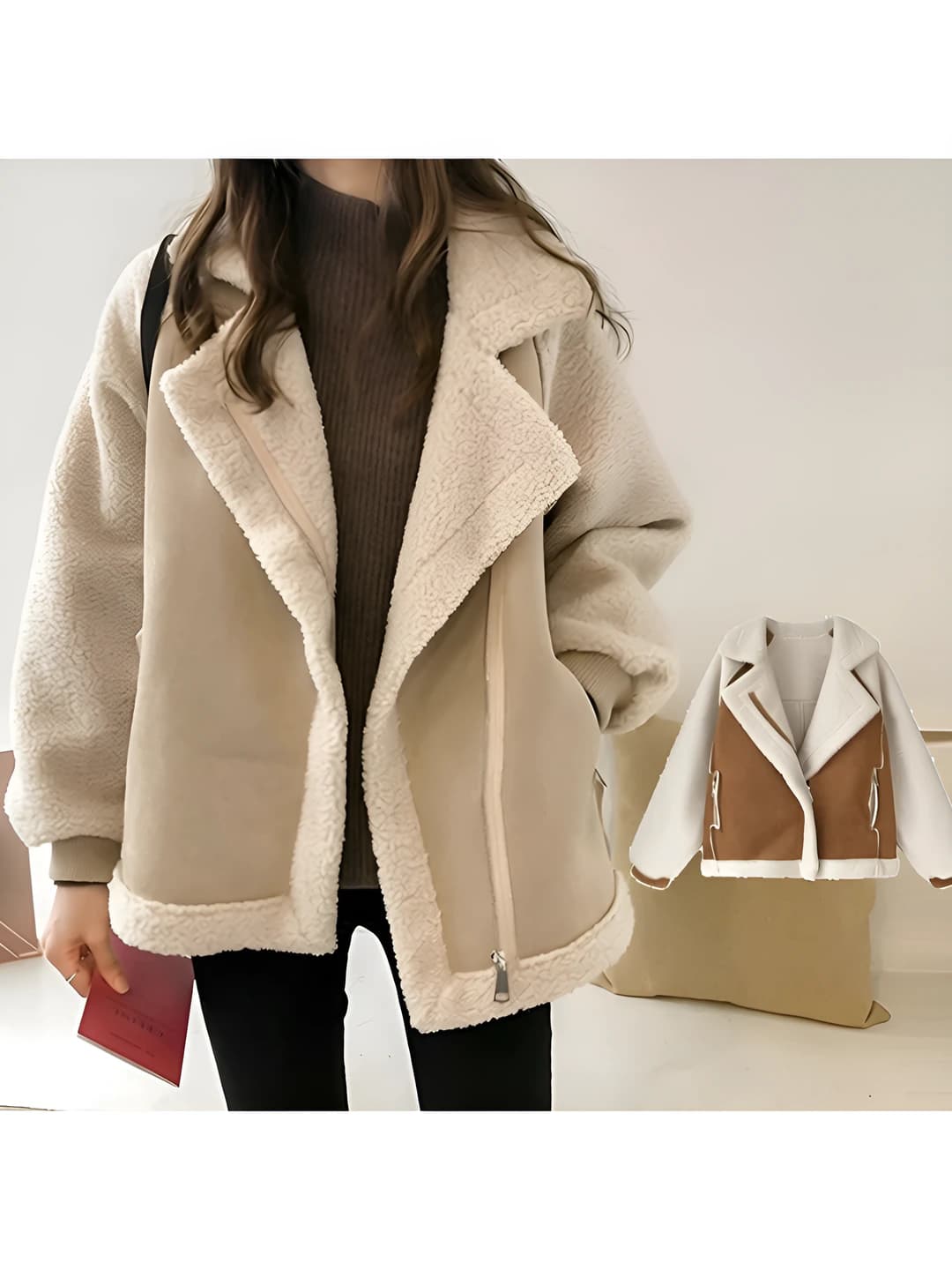 Женская осенне-зимняя 2026 короткая куртка свободного кроя с отложным воротником и молнией