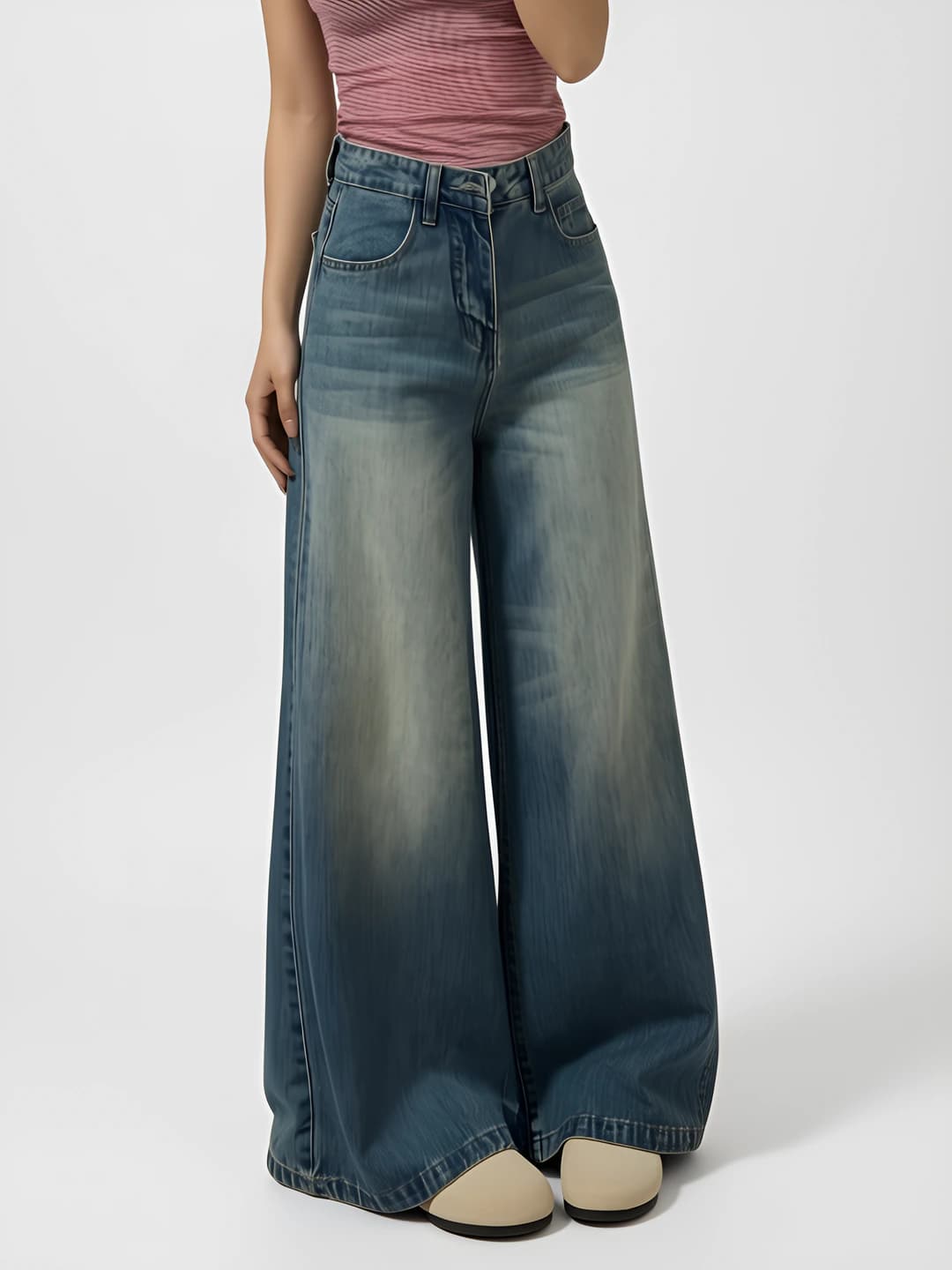 Ayollar uchun qishki retro uslubdagi baland bel, keng va klesh jinsi shimlar, katta o'lcham, bo'sh (oversize) kesim, nozik ko'rsatadigan, uzun shim