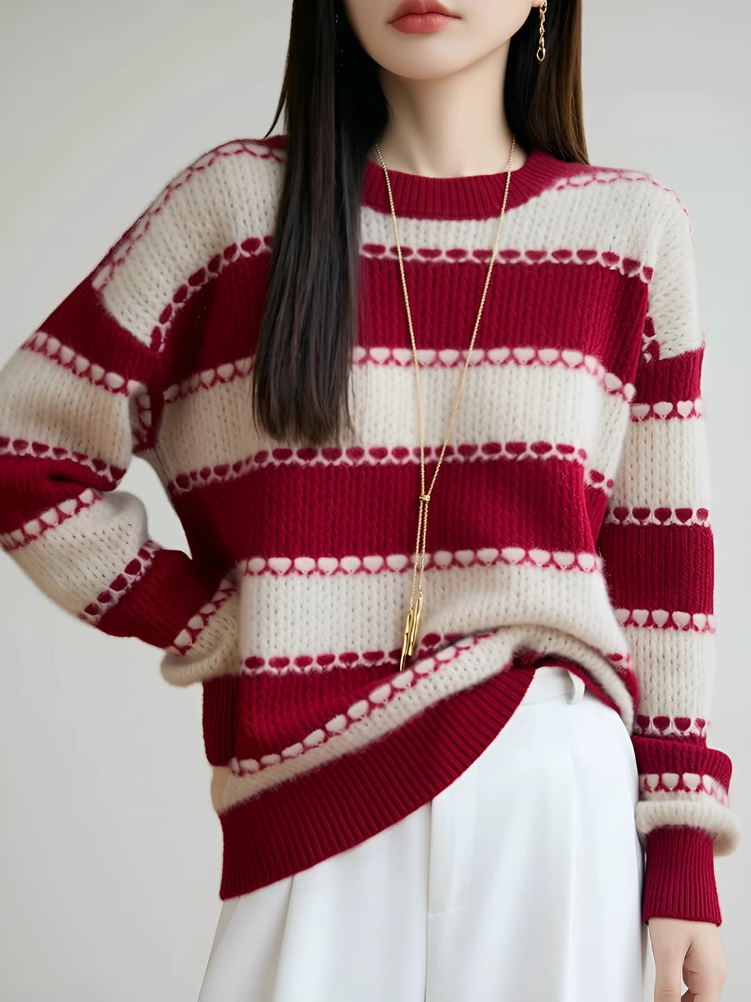 Женский шерстяной свитер в полоску, круглый вырез, свободный крой, большой размер, длинный рукав, повседневный стиль