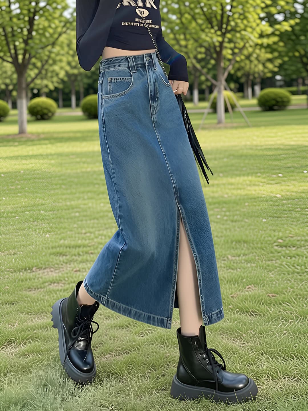Ayollar uchun retro uslubdagi baland belli A-shakl denim yubka, o'rta uzunlikdagi, sof paxta mato, fermuar va tugma bilan