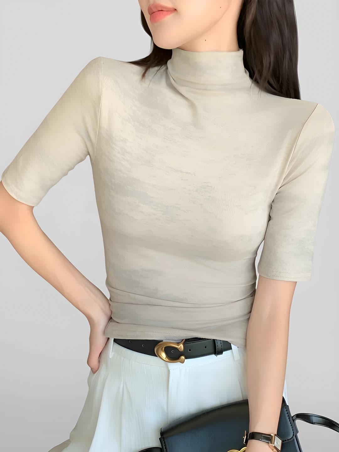Женская футболка с камуфляжем, воротником-полустойкой и коротким рукавом, приталенный крой, лето