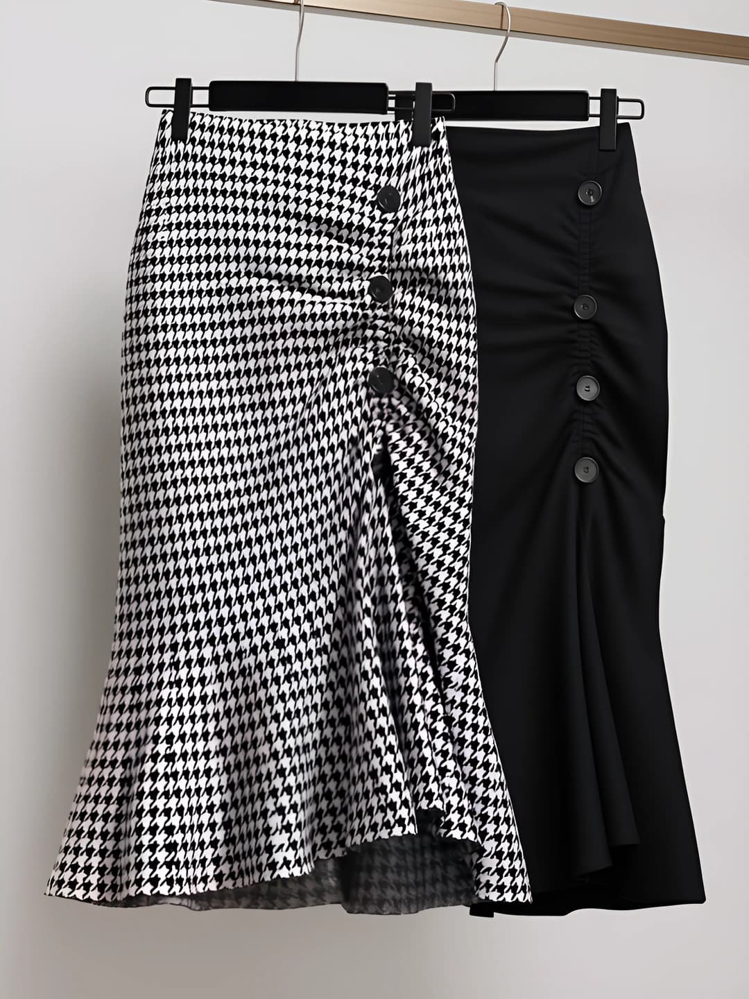 Women's mid-length checked slimming stretch skirt with slit, spring-autumn