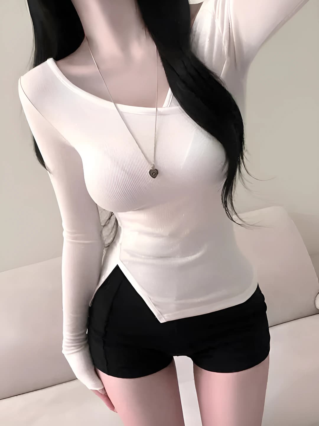 Women's long-sleeve base top, V-neck, solid colour, slim fit