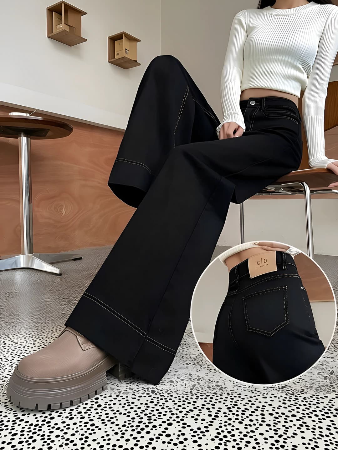 Women's autumn-winter fleece-lined thickened plus size high waist loose fit wide and flared black jeans
