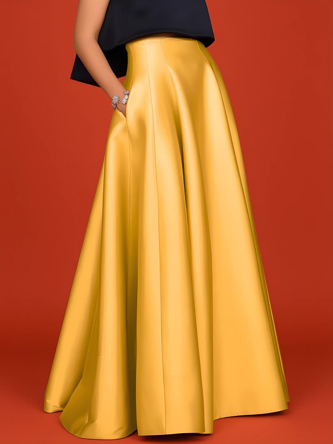 Women's high waist A-line long skirt for spring-autumn, solid colour, blend fabric, with zip, elegant and business style