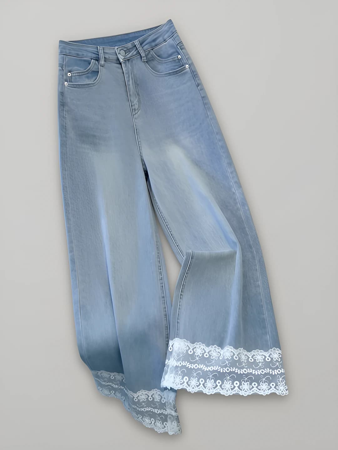 Women's wide and flared jeans for summer, high waist, ankle-length trousers, lace hem, loose fit