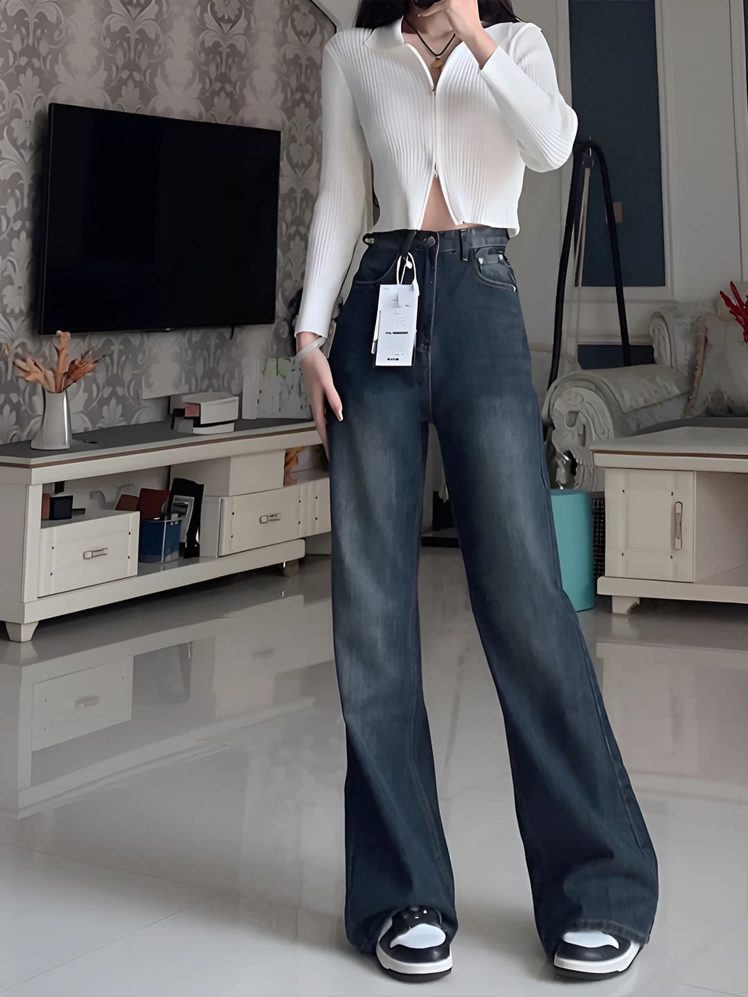 Women's wide and flared jeans 2026 spring, high waist, plus size, blue-grey, loose fit, straight cut, slimming trousers
