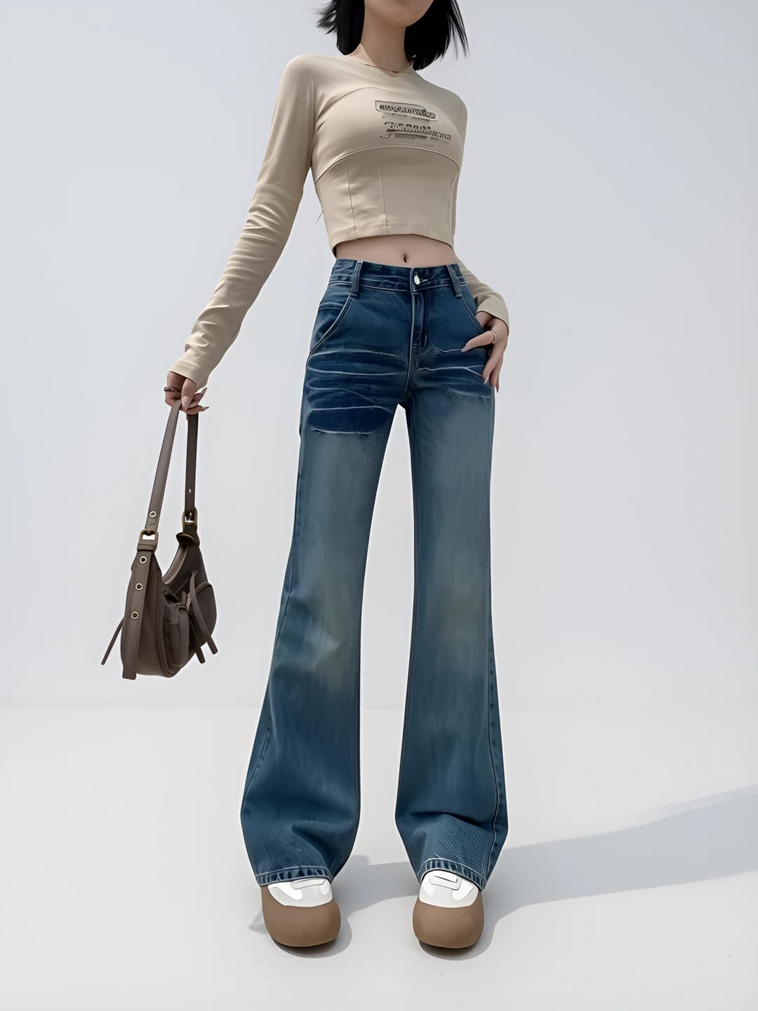 Women's wide and flared jeans, high waist, straight cut, loose fit, slimming, spring-autumn, retro