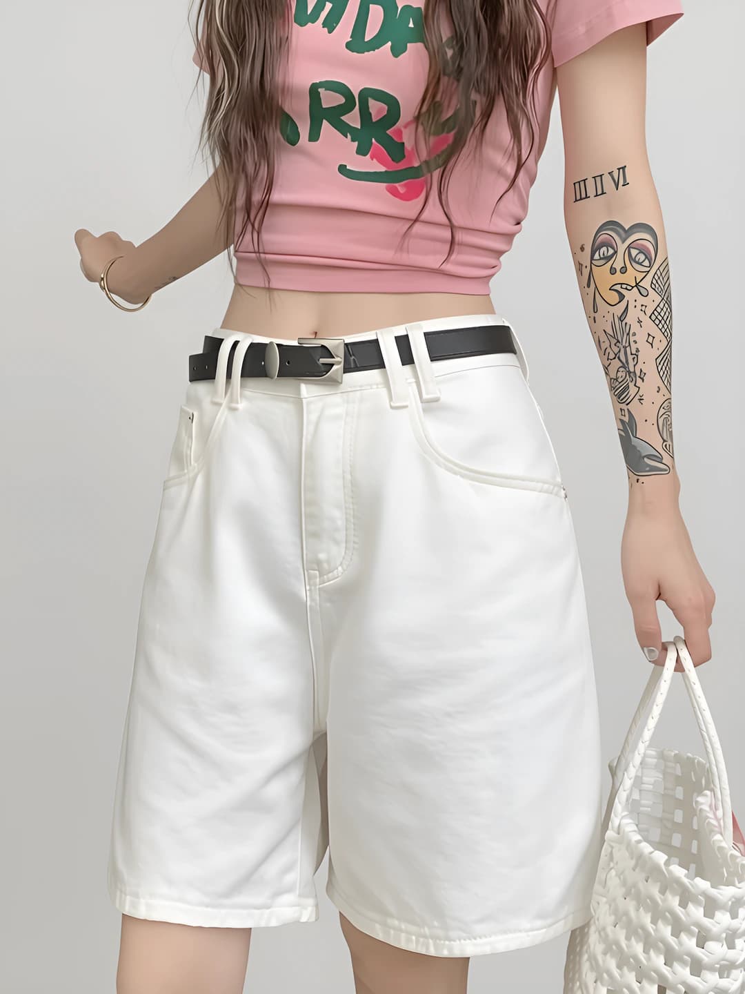 Women's white high waist denim shorts, summer, loose fit and straight cut, wide-leg trousers, plus size