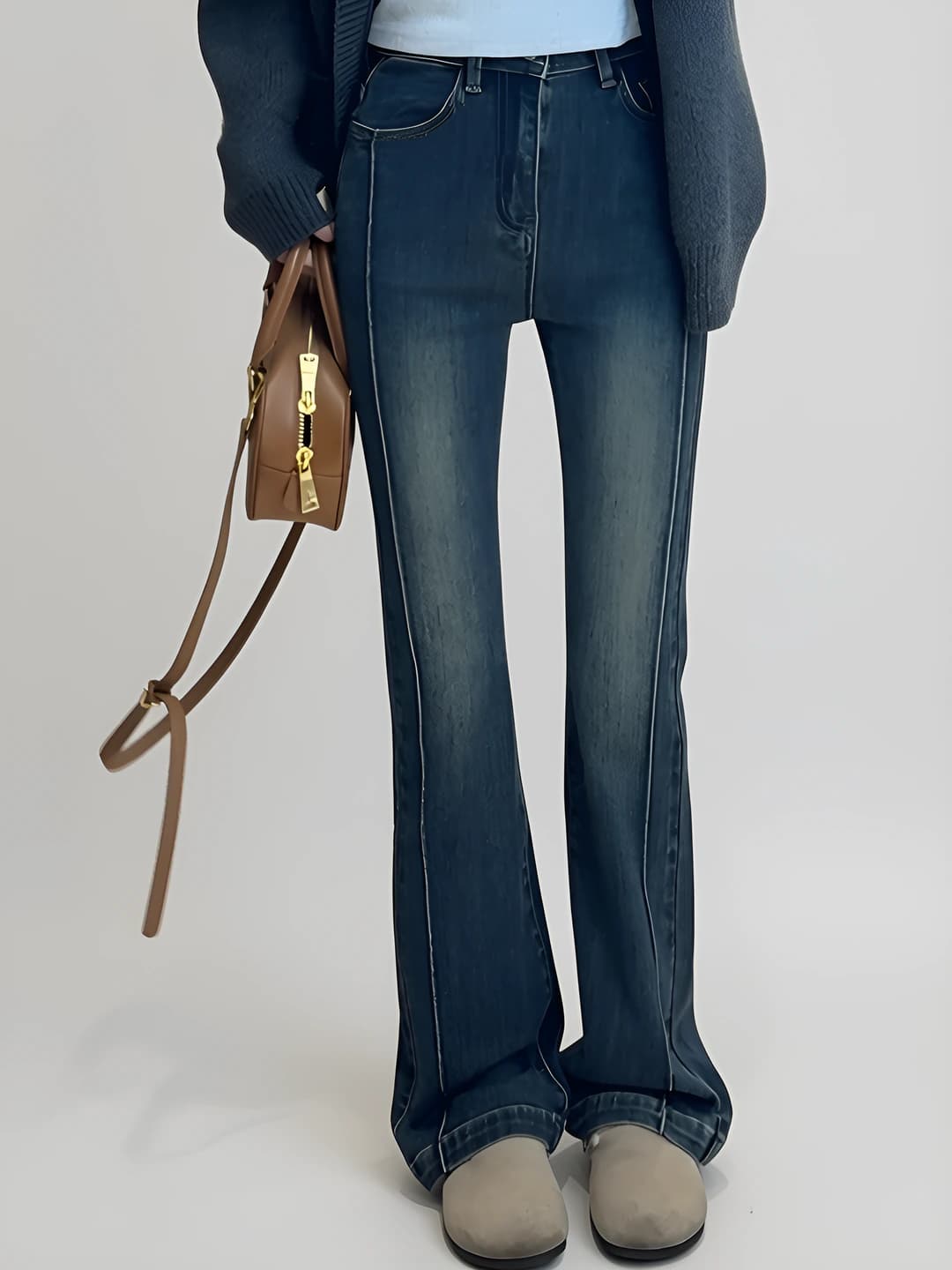 Women's jeans: high waist, stretch, slim fit, trousers, petite, blue-grey, wide and flared