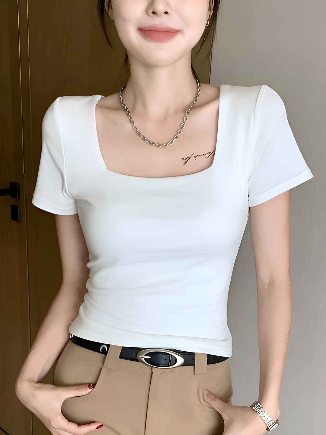 Women's short sleeve t-shirt, spring-summer, solid colour, slim fit, square neck, preppy style