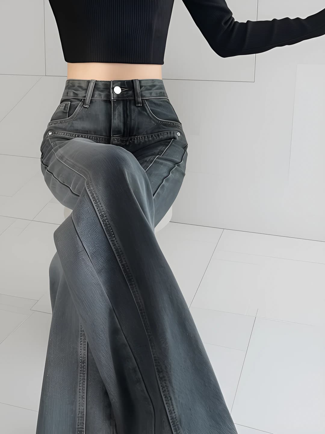 Ayollar uchun keng va klesh jinsi shimlar, baland bel, uzun shim, to'g'ri kesim, sof paxta, sement kulrang, bo'sh (oversize)