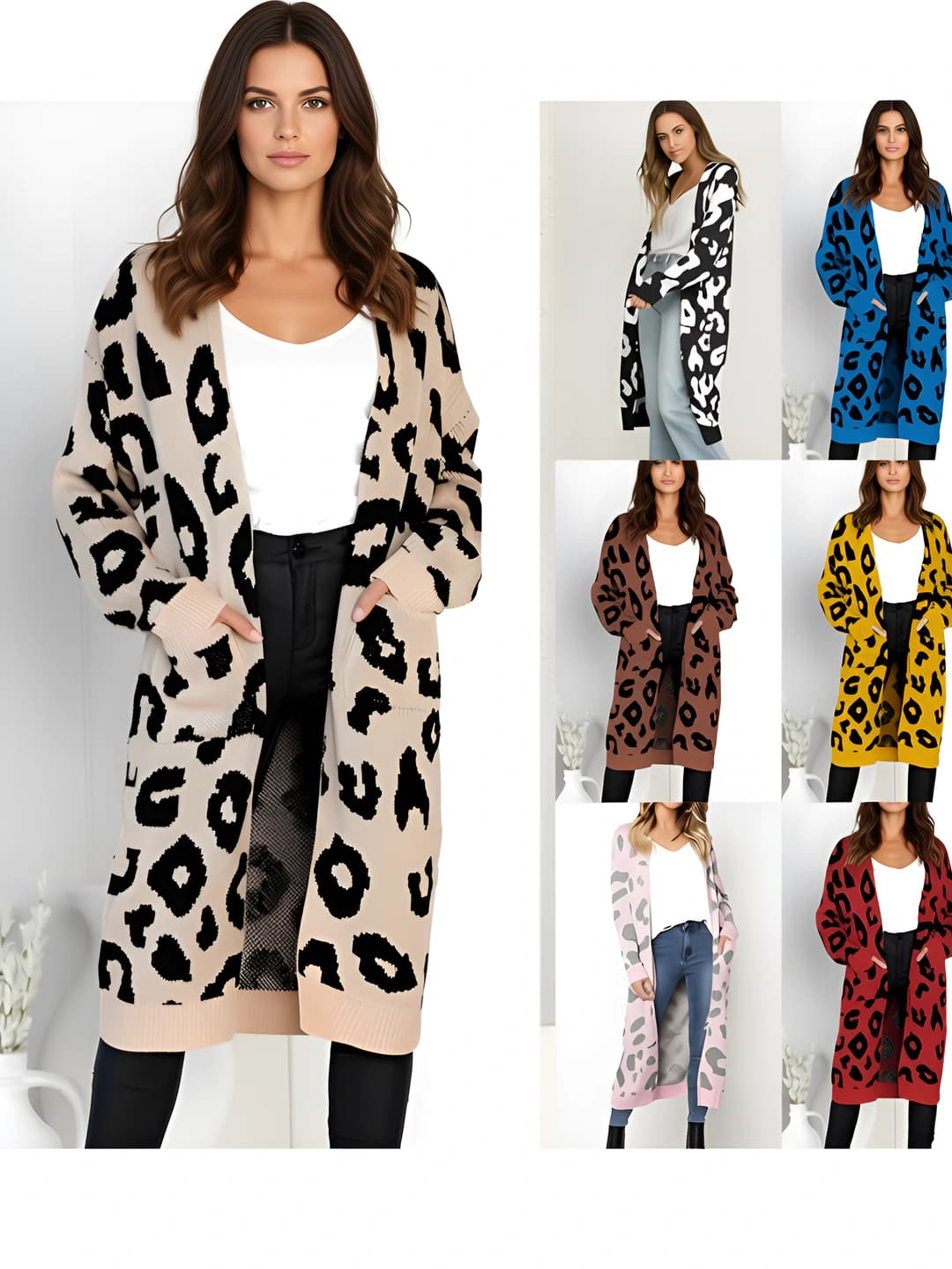 2026 autumn-winter women's knit cardigan with colorful leopard pattern, loose fit, v-neck, long sleeve, long length