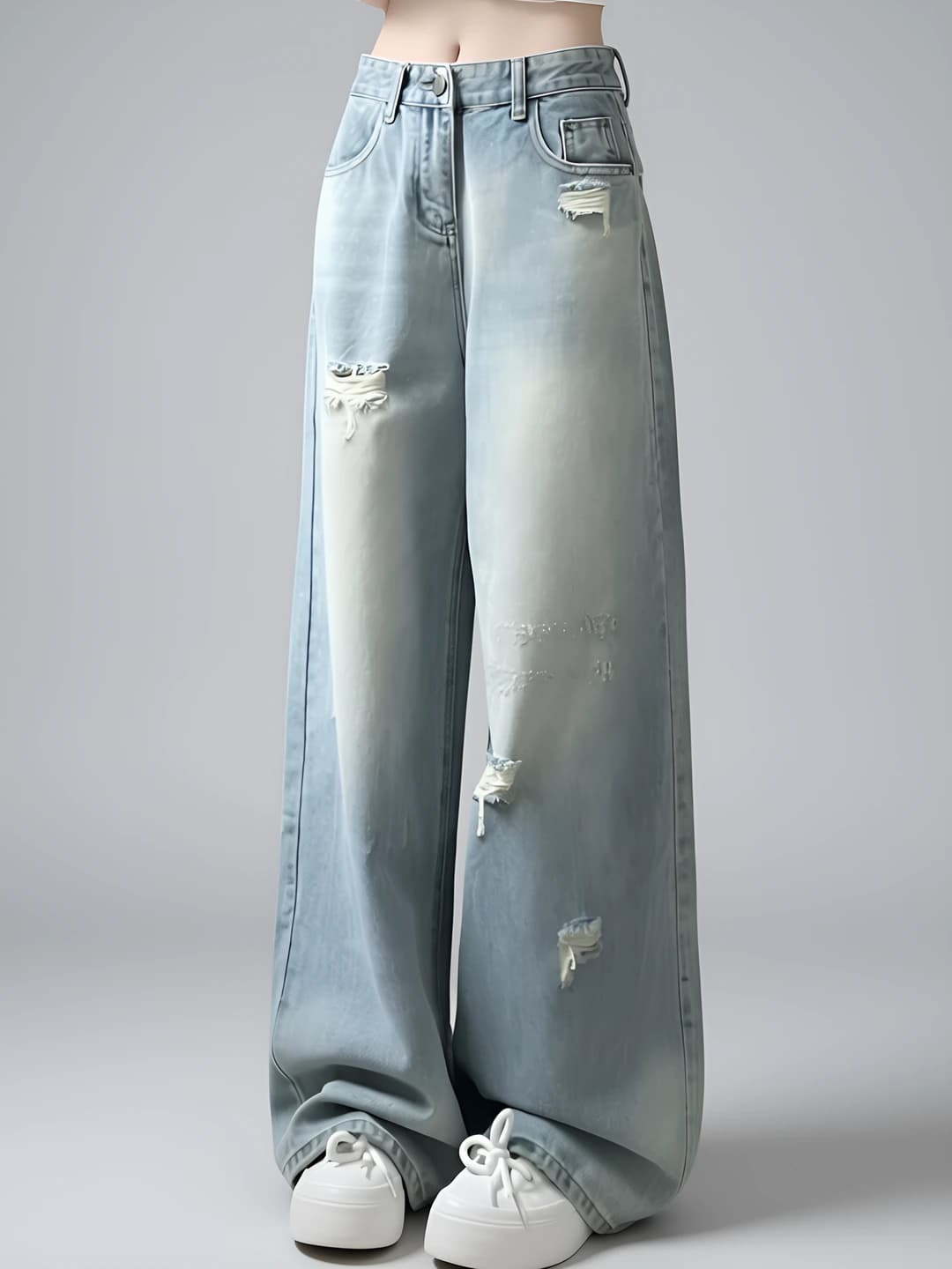 Women's distressed wide-leg jeans, high waist, straight cut, trousers, plus size, loose fit, 70%–80% cotton