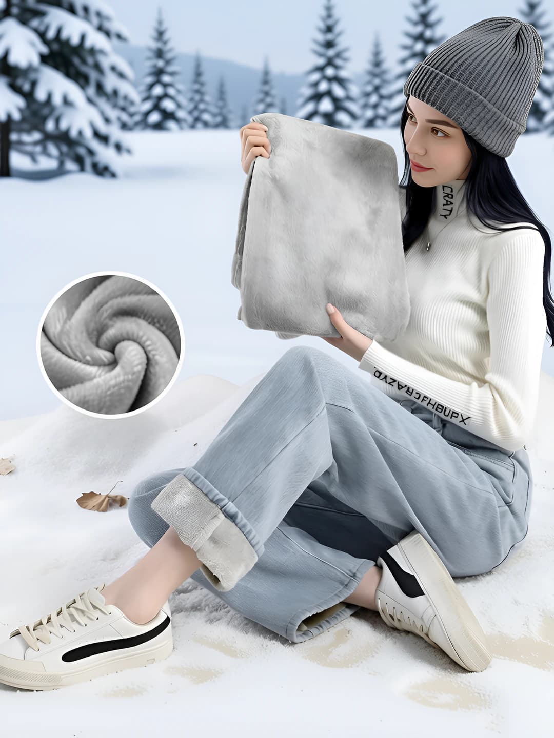 Women's fleece-lined thickened jeans, high waist, wide-leg trousers, straight cut, trousers, warm, casual style