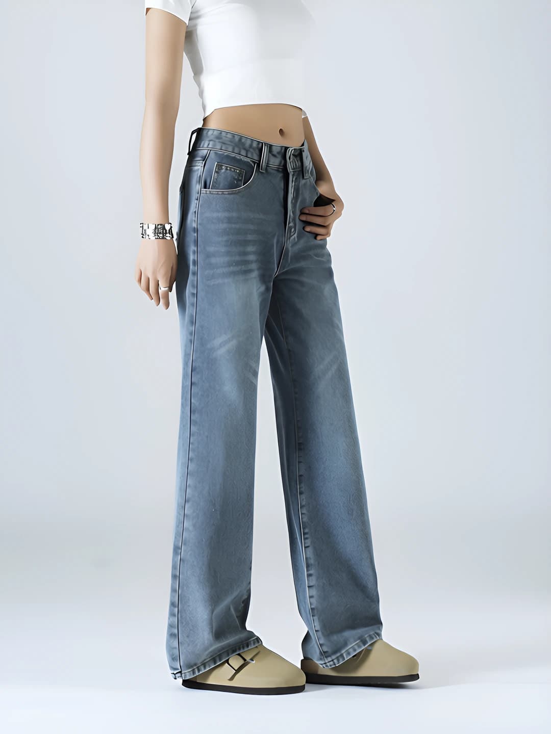 Women's retro high waist straight cut loose fit slimming wide and flared jeans