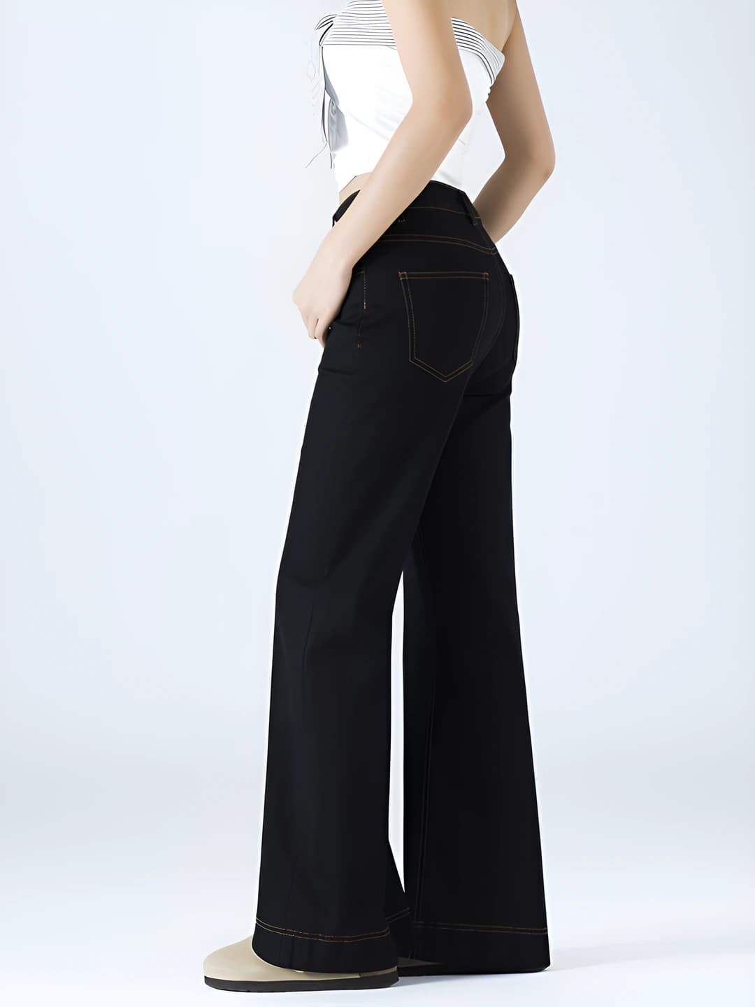 Ayollar uchun keng va klesh jinsi shim, baland bel, uzun shim, bo'sh (oversize) fit, nozik ko'rsatadigan, 70%–80% paxta, issiq astarli emas, elastik emas