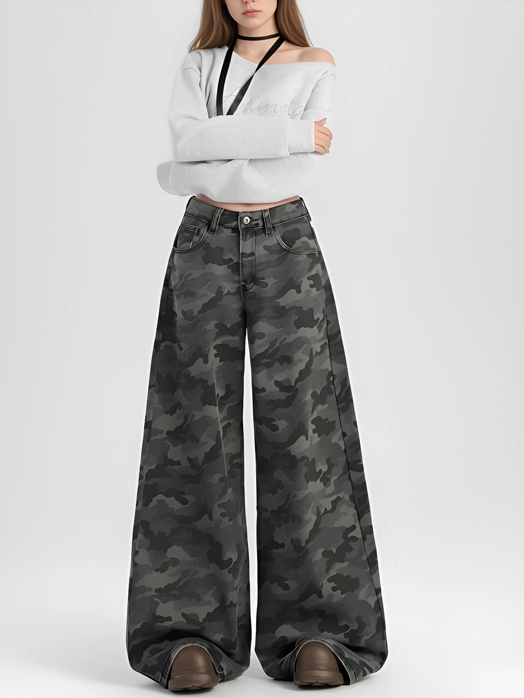 Women's wide and flared jeans: camouflage, high waist, straight cut, retro, 2026 spring-autumn, slimming, loose fit