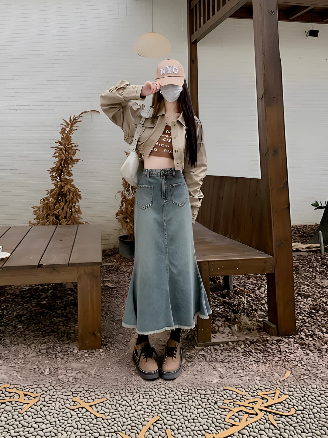 Women's denim skirt: A-line, high waist, mid-length, retro, Korean style, with buttons