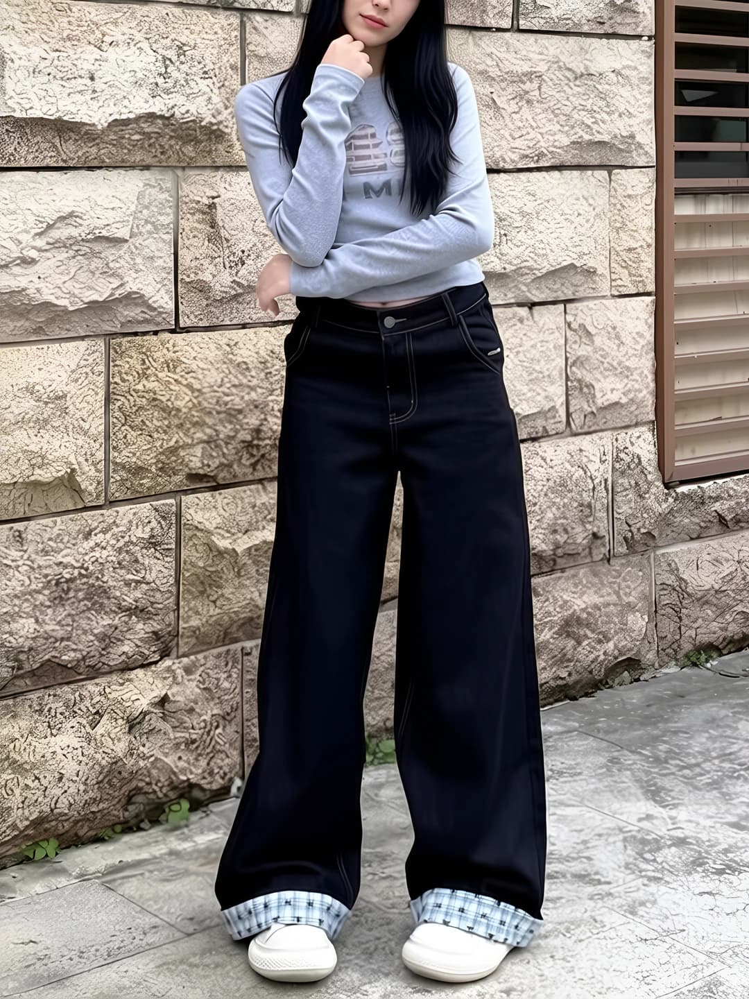 Women's embroidered, checked and cuffed wide-leg jeans: high waist, loose fit, slimming, 50-70% cotton and polyester