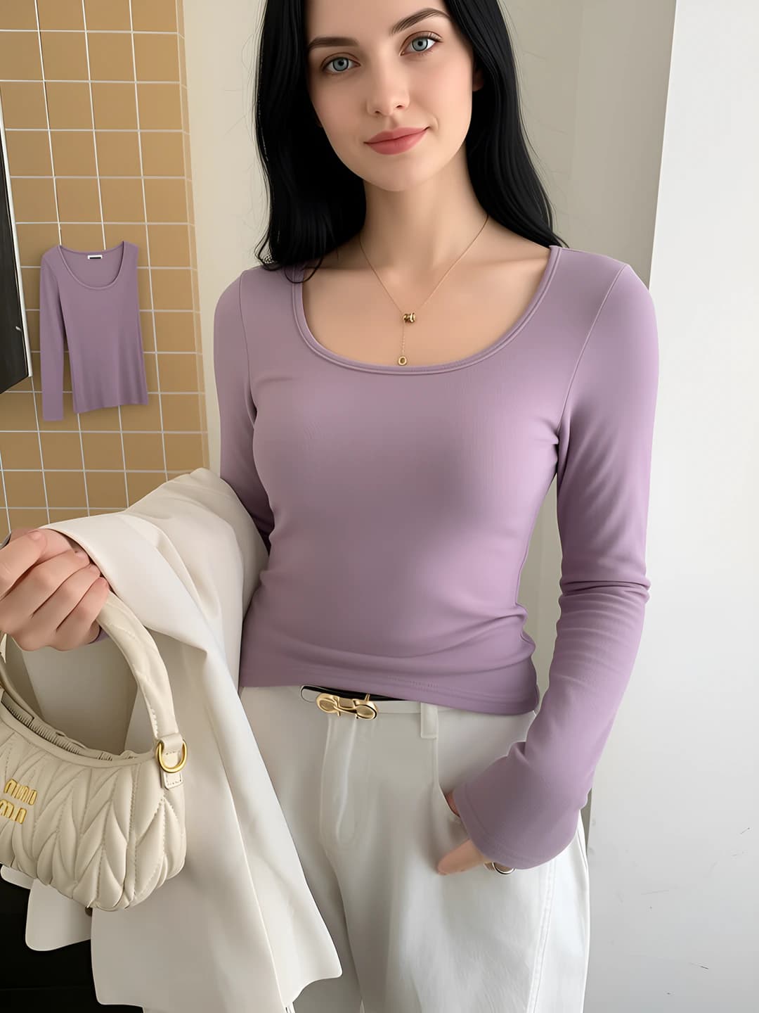 Women's long-sleeve base top, slim fit, crew neck, polyester, autumn-spring-winter
