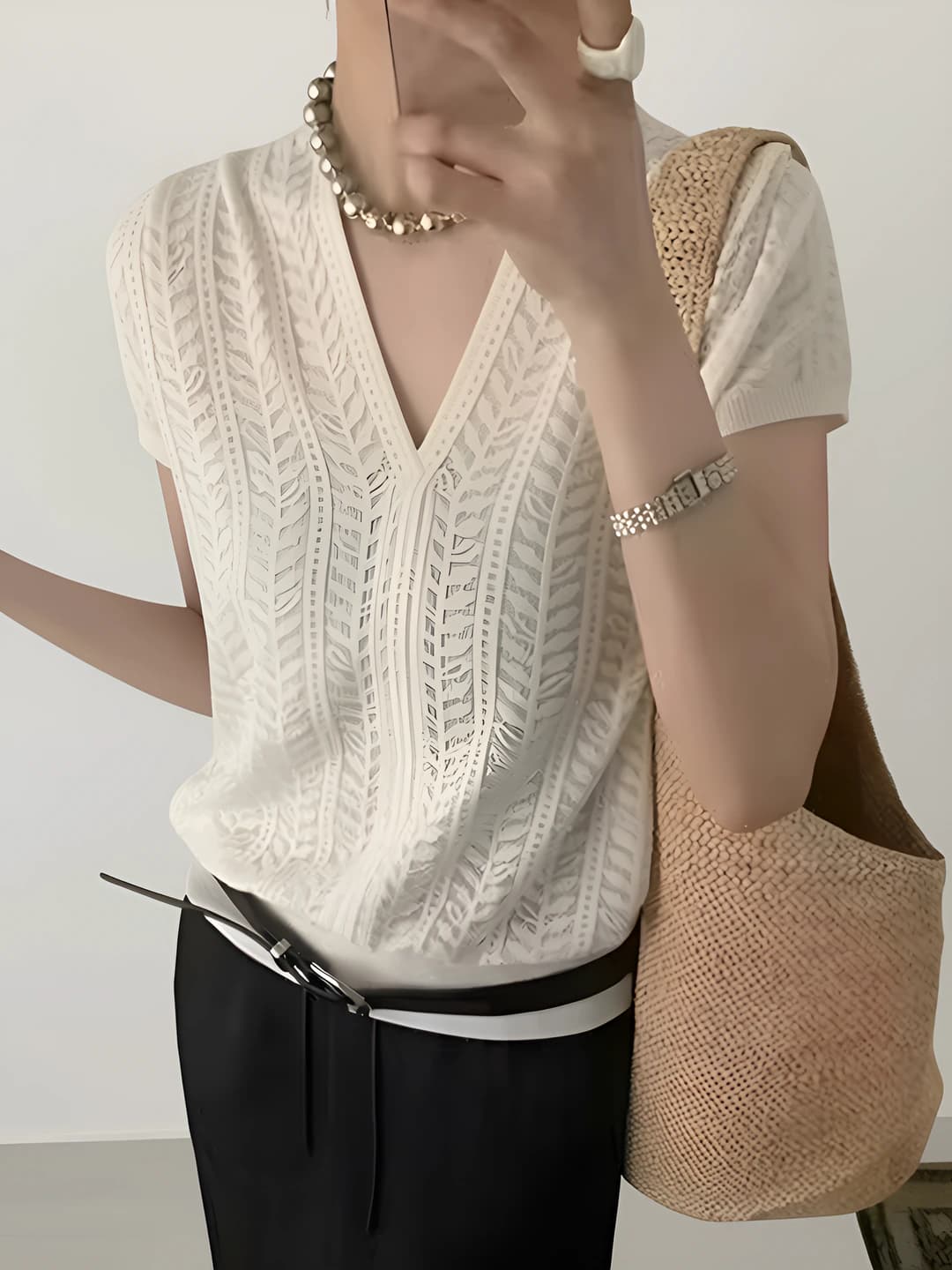 Women's summer 100% Tencel V-neck short sleeve knit top, solid colour, slim fit, casual style