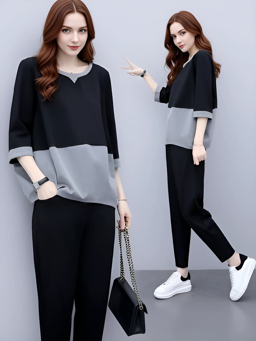 Women's Korean style casual clothing set: loose fit top and slimming slim pants, solid colour, spring-summer