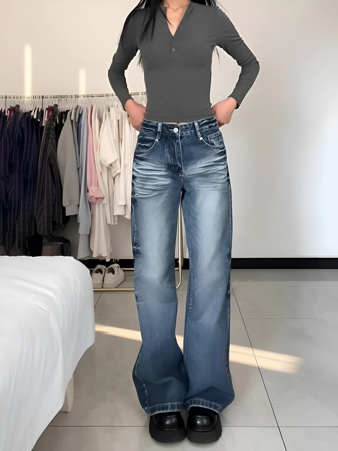 Women's 2026 spring-autumn retro thin wide and flared jeans, high waist, loose fit and slimming