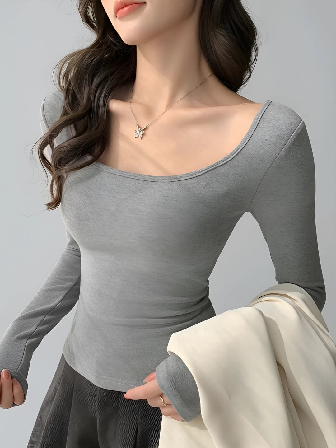 Women's U-neck long-sleeve base top, slim fit, slimming, stretch, winter-spring-autumn
