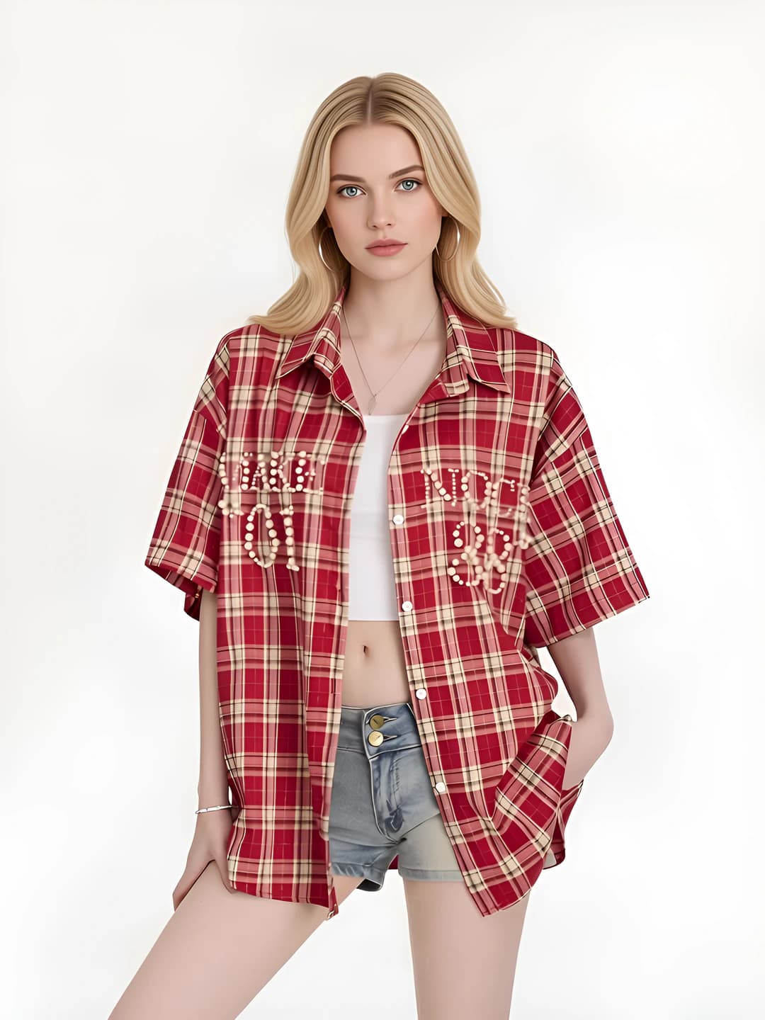 Women's checked short sleeve shirt, loose fit, retro style, summer 2026