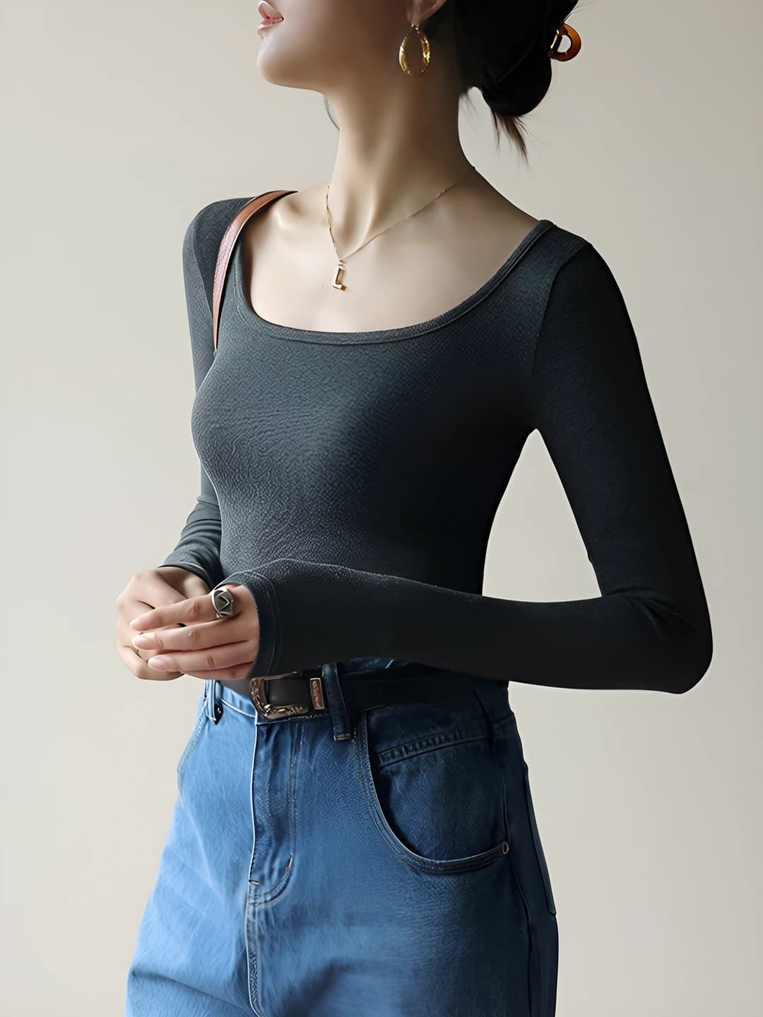 2026 women's thin modal long-sleeve base top, slim fit, long sleeve, square neck, black
