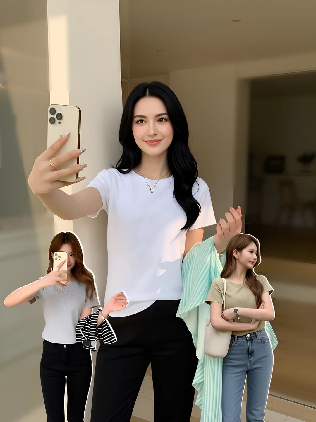 Women's white short-sleeve crew-neck t-shirt, summer, slim fit, slimming, solid colour, preppy style