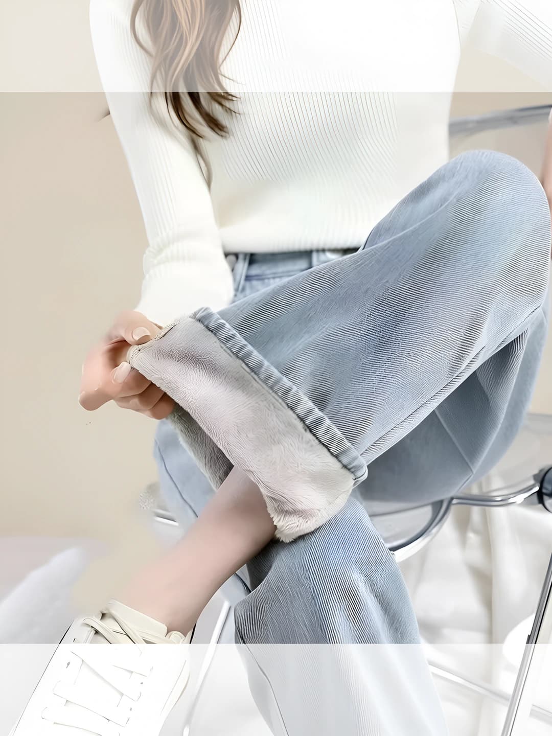 Women's fleece-lined and thickened wide-leg jeans, autumn-winter, solid colour, loose fit and slimming, casual style, trousers